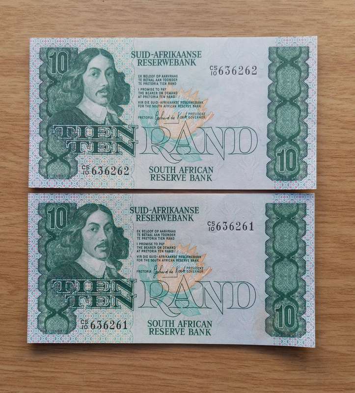 South Africa de Kock 2 consecutive number R10 Bank Notes. (261-262)