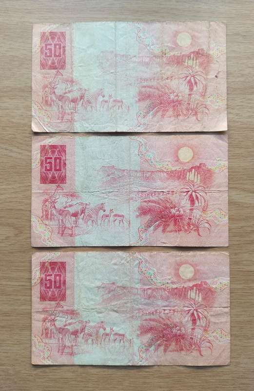 South Africa de Kock collection of 3 old R50 Bank Notes. One bid takes all.