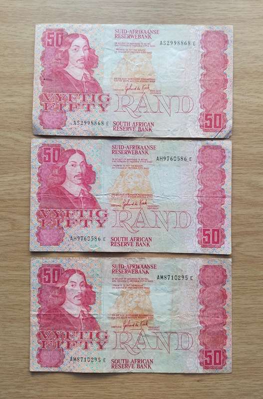 South Africa de Kock collection of 3 old R50 Bank Notes. One bid takes all.