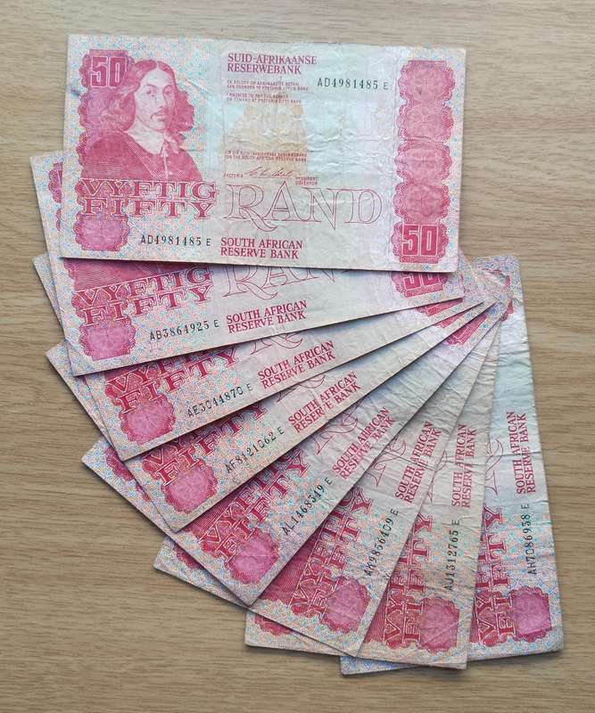 South Africa CL Stals Collection of 8 Old R50 Bank Notes. One bid takes all.