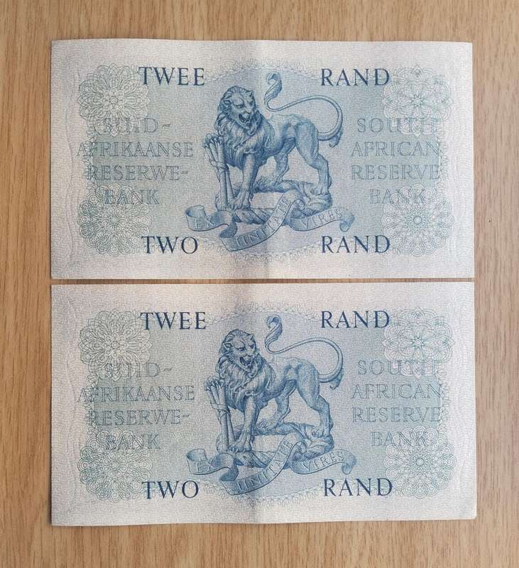 South Africa G Rissik 2 consecutive number R2 Bank Notes. (458-459)