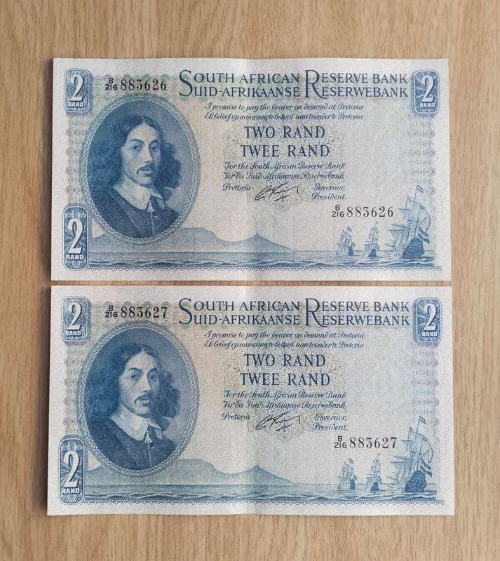 South Africa G Rissik 2 consecutive number R2 Bank Notes. (626-627)