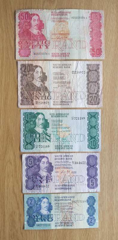 South Africa de Kock Set Bank Notes. R50-R2 (5 Bank Notes)