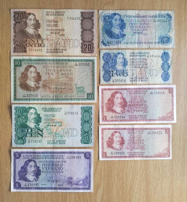 South Africa de Jongh Set Bank Notes. R20-R1. ( 8 Bank Notes)