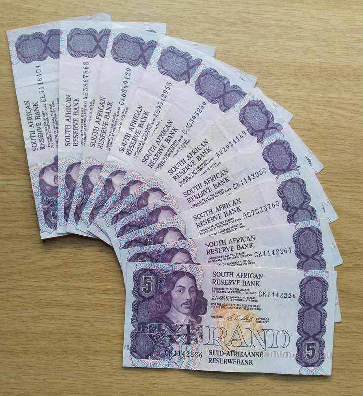 South Africa CL Stals Collection of 10 old R5 Bank Notes. One bid takes all.