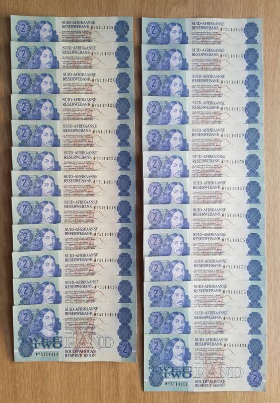 Replacement South Africa 25 Consecutive number R2 Bank Notes. (WY401-WY425)