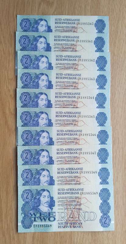 South Africa de Kock 10 Consecutive number R2 Bank Notes. (360-369)
