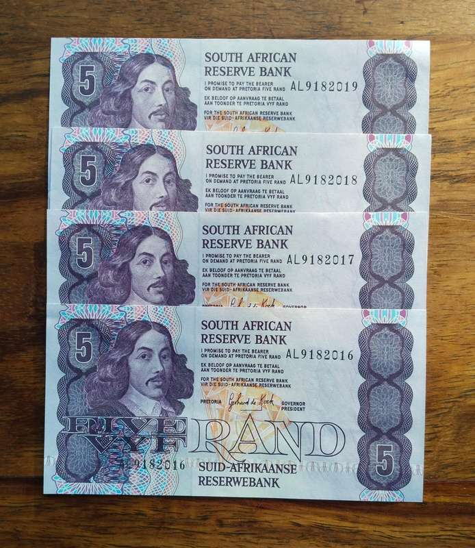 South Africa de Kock 4 Consecutive number R5 Bank Notes. (016-019)