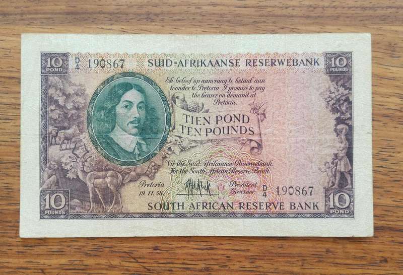 South Africa M.H. de Kock 19.11.58 Tien Pond Bank Note. Good condition. (867)