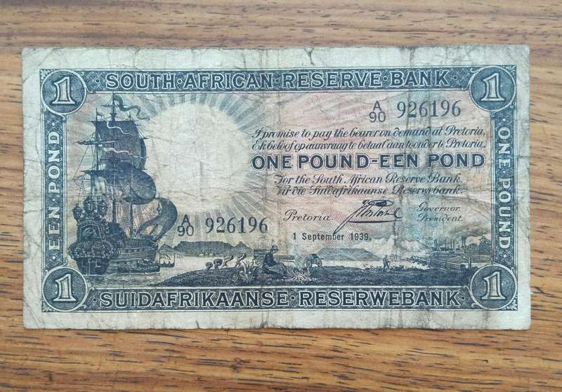 South Africa J Postmus 1 September 1939 One Pound Bank Note. (196)