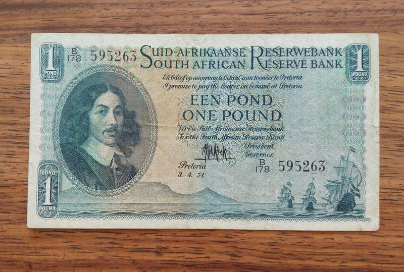 South Africa M.H. de Kock 3.4.54 Een Pond Bank Note. (263)