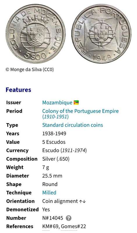 Mozambique Portuguese 1949 Silver 5 Escudos. 7 grams. 65.0% Silver.