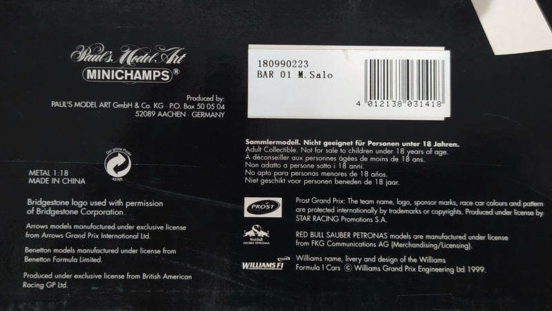 **VERY RARE & AS NEW** 1/18 Minichamps BAR Honda 01 - Mika Salo