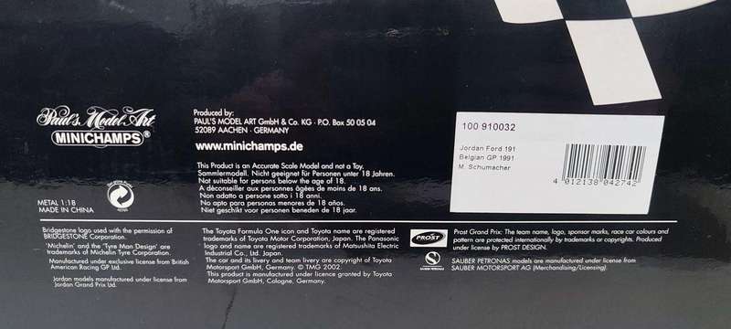 **RARE/BOXED** 1/18 Minichamps F1 Jordan Ford 191 Belgian GP 1991 #32 M. Schumacher (100910032)
