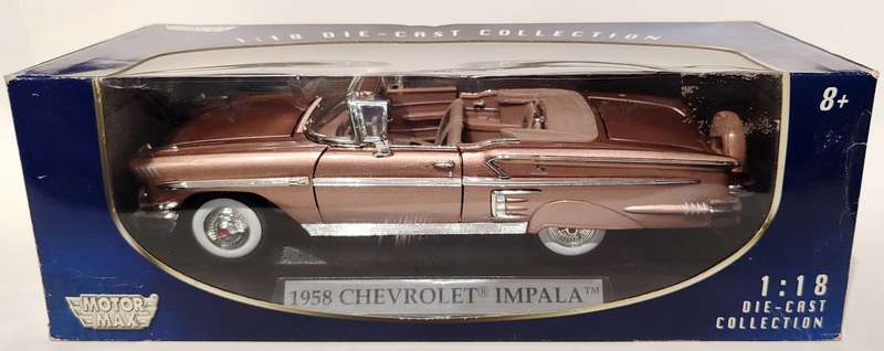**MINT/BOXED/V-RARE COLOUR** 1/18 MotorMax 1958 Chevrolet Impala Cay Coral Metallic (RB73112D)
