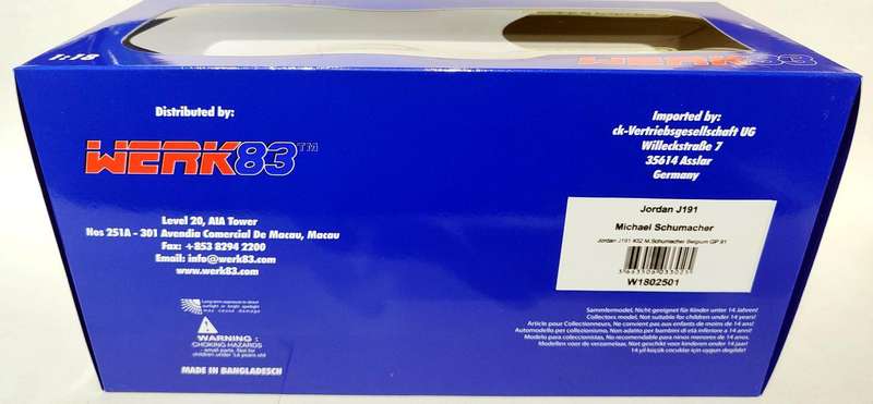 **NEW/BOXED** 1/18 WERK83 Jordan J191 #32 Michael Schumacher Belgium GP 1991 (W1802501)