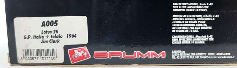 **VERY RARE/BOXED** 1/43 Brumm Lotus 25 GP Italia Winner 1963 Jim Clark #8 + Chassis A005