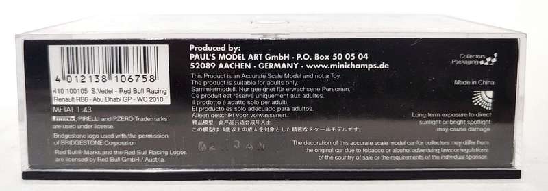 *VERY RARE/MINT* 1/43 Minichamps F1 Red Bull Renault RB6 Vettel Abu Dhabi WC 2010 LE10010