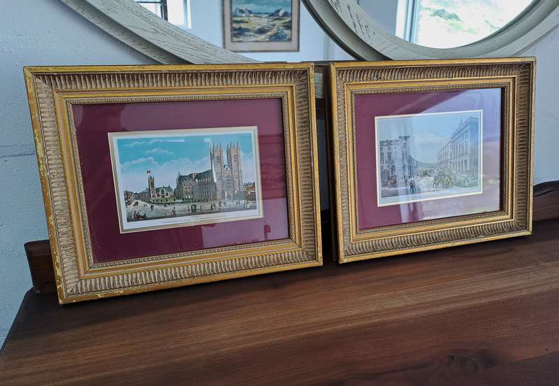 PAIR OF ANTIQUE GOLD-FRAMED LITHOGRAPHS!