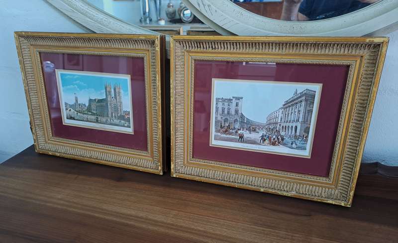 PAIR OF ANTIQUE GOLD-FRAMED LITHOGRAPHS!