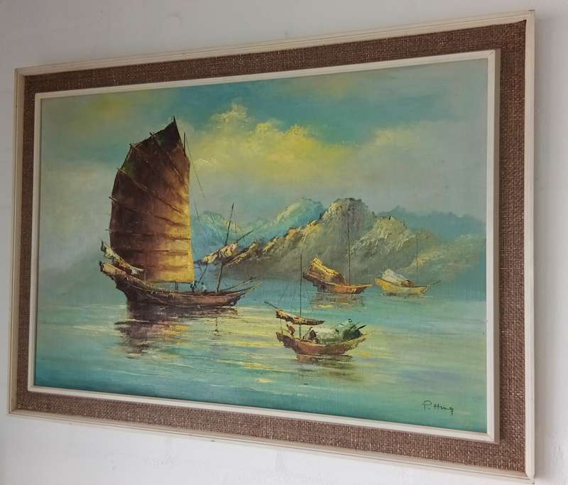 Signed original oil on board of Chinese junk ship beautifully framed