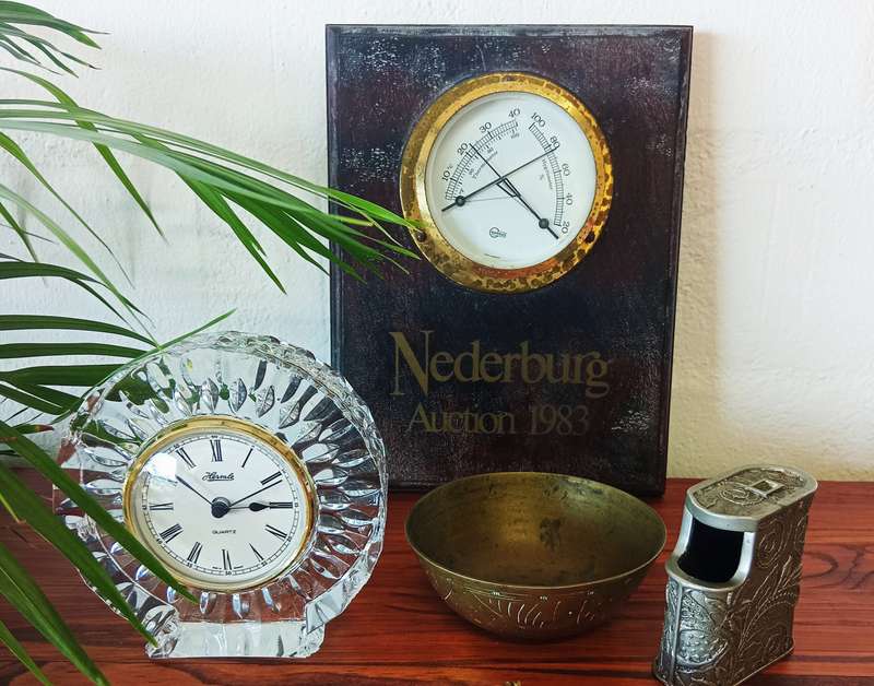 'QUARTZ CLOCK, SIGNED BRASS BOWL, NEDERBURG THERMOMETRE/HYGROMETRE.