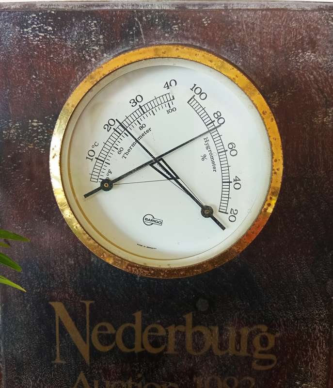 'QUARTZ CLOCK, SIGNED BRASS BOWL, NEDERBURG THERMOMETRE/HYGROMETRE.