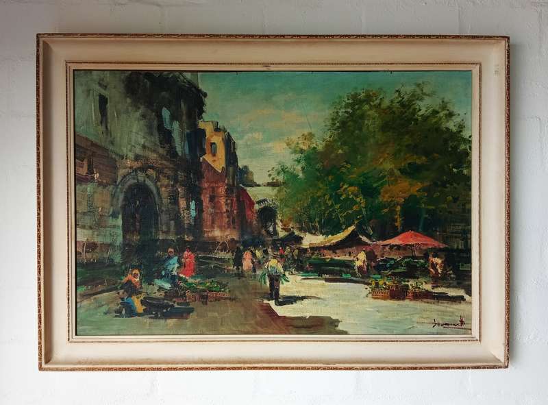 STUNNING SIGNED FRAMED ORIGINAL OIL PAINTING OF A STREET MARKET SCENE
