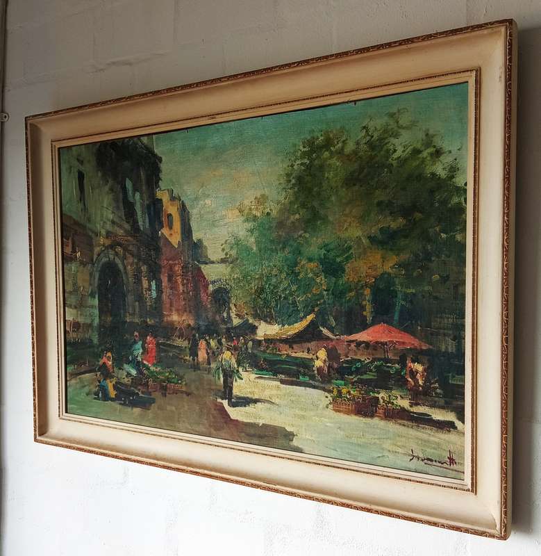 STUNNING SIGNED FRAMED ORIGINAL OIL PAINTING OF A STREET MARKET SCENE