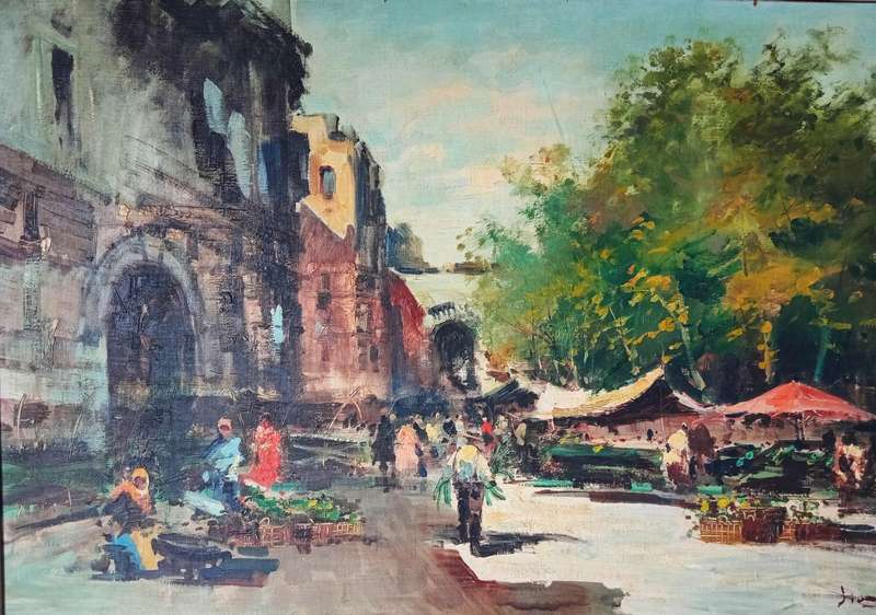 STUNNING SIGNED FRAMED ORIGINAL OIL PAINTING OF A STREET MARKET SCENE