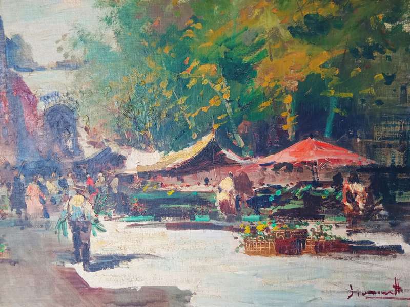 STUNNING SIGNED FRAMED ORIGINAL OIL PAINTING OF A STREET MARKET SCENE