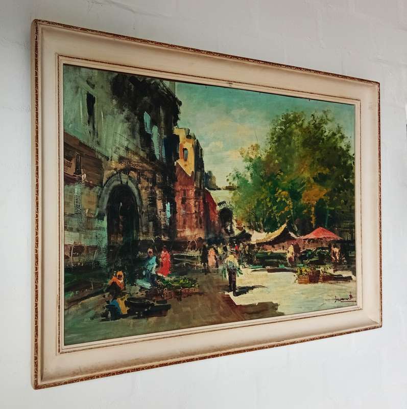 STUNNING SIGNED FRAMED ORIGINAL OIL PAINTING OF A STREET MARKET SCENE