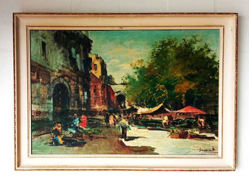 STUNNING SIGNED FRAMED ORIGINAL OIL PAINTING OF A STREET MARKET SCENE
