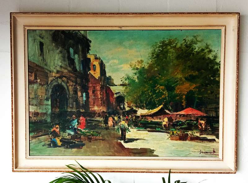 STUNNING SIGNED FRAMED ORIGINAL OIL PAINTING OF A STREET MARKET SCENE
