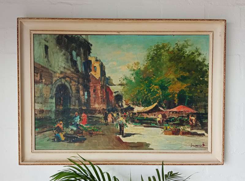 STUNNING SIGNED FRAMED ORIGINAL OIL PAINTING OF A STREET MARKET SCENE