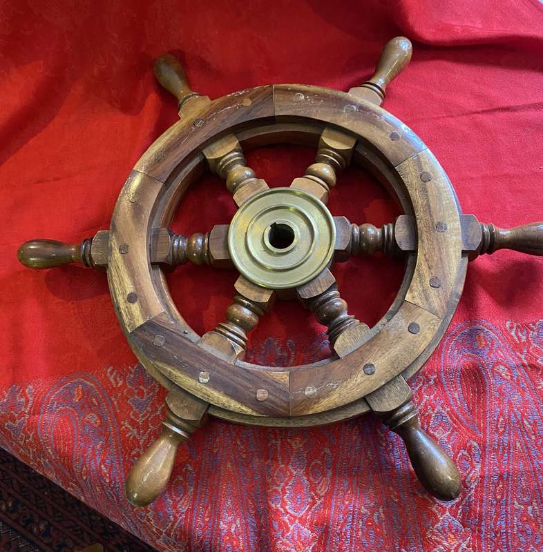 Vintage Wooden Ships Wheel with Brass Centre