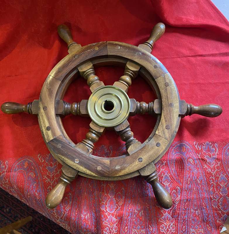 Vintage Wooden Ships Wheel with Brass Centre