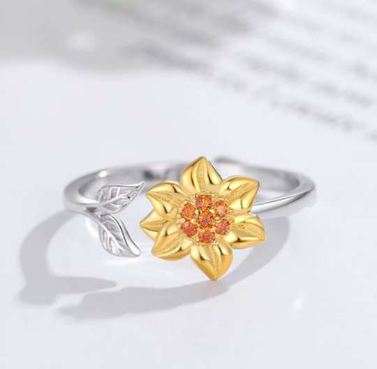 925 Sterling Silver Sunflower Ring - Adjustable