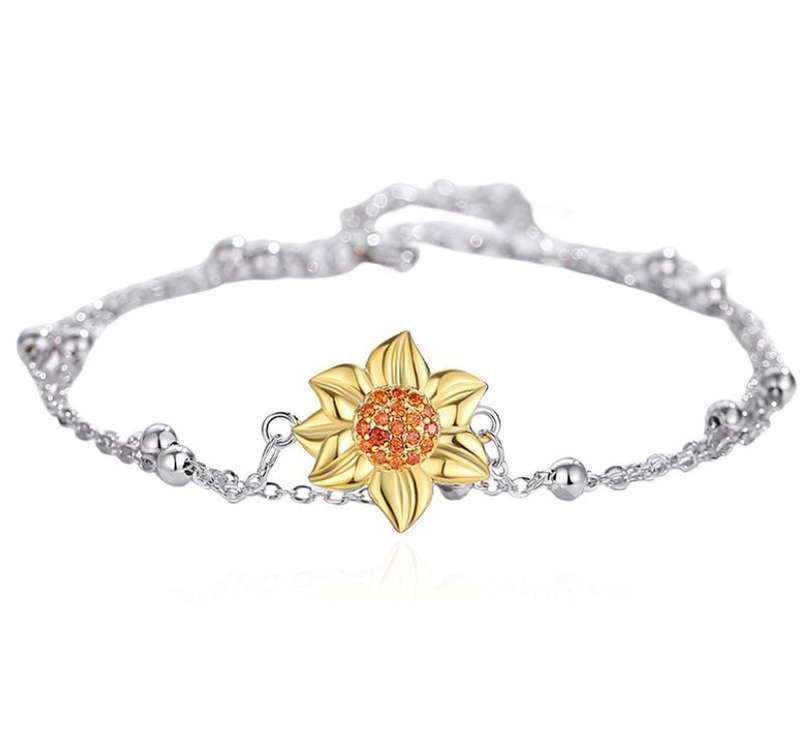 925 Sterling Silver Sunflower Double Chain Bracelet - Adjustable