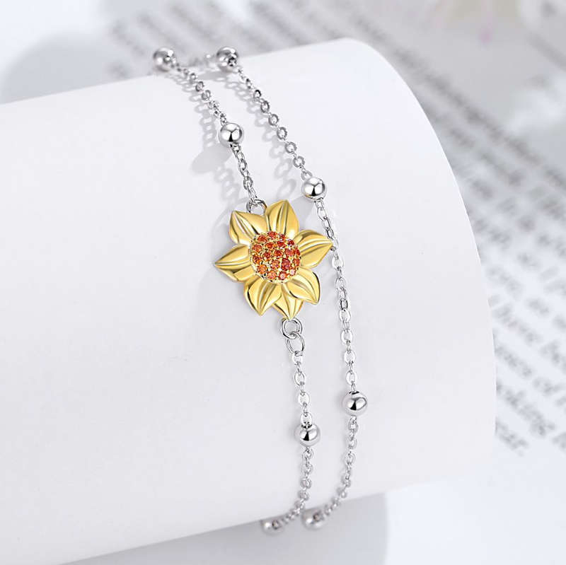 925 Sterling Silver Sunflower Double Chain Bracelet - Adjustable