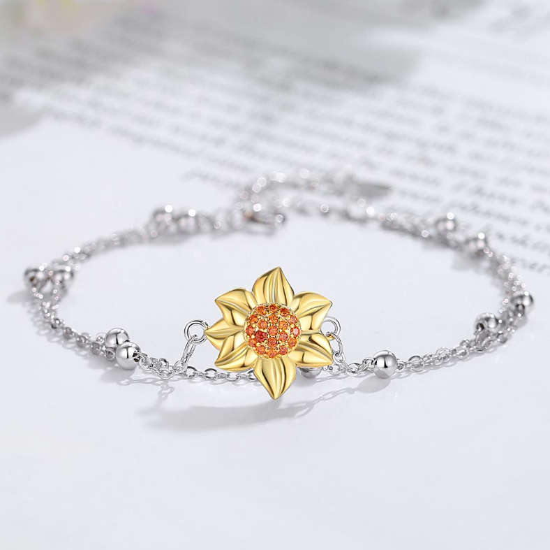 925 Sterling Silver Sunflower Double Chain Bracelet - Adjustable