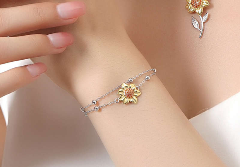 925 Sterling Silver Sunflower Double Chain Bracelet - Adjustable