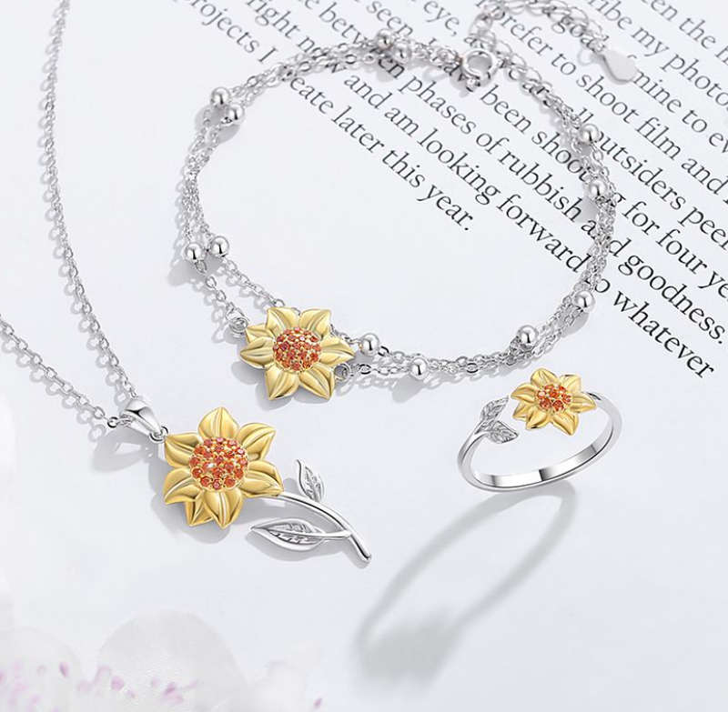 925 Sterling Silver Sunflower Double Chain Bracelet - Adjustable