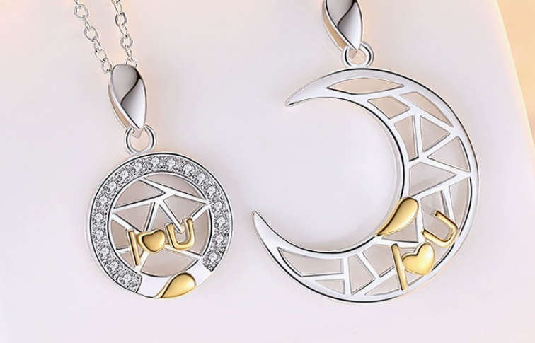 925 Sterling Silver Moon&Star Couple Necklace