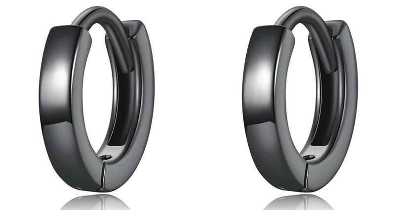Black 925 Sterling Silver Hoop Earrings - 13mm