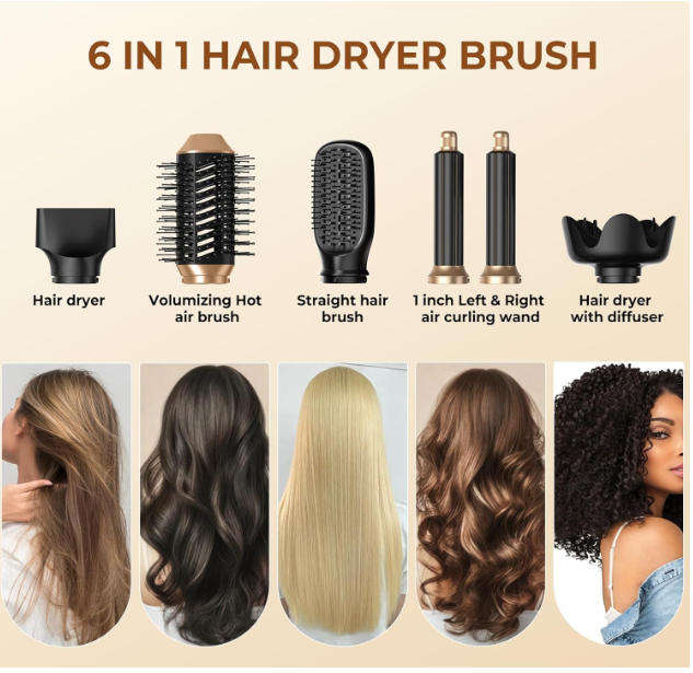 6 in 1 Hair Styler: Blow Dryer with Diffuser, Curling Iron, Volumizer, Straightening Brush