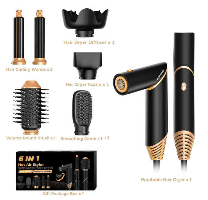 6 in 1 Hair Styler: Blow Dryer with Diffuser, Curling Iron, Volumizer, Straightening Brush