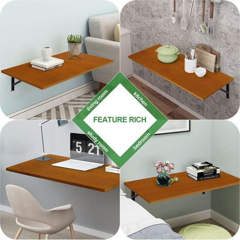 Wall-Mounted Foldable Wooden Desk  Space-Saving Multipurpose Table - Mahogany