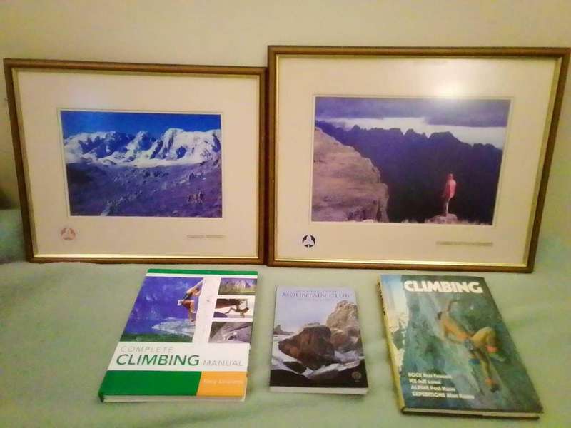 3 MOUNTAINEERING AND CLIMBING BOOKS and 2 SA MOUNTAIN PHOTOS IN FRAMES