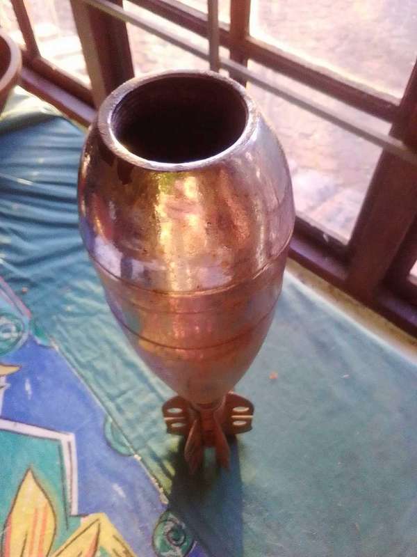 Second world war ground mortar empty souvenir steel projectile casing with tail fin